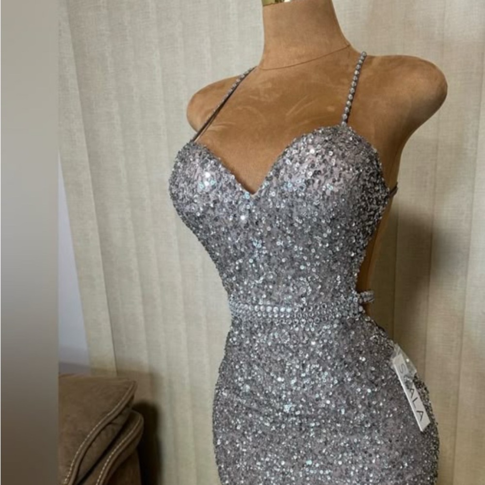 Scala Glittering Short Silver Backless Dress